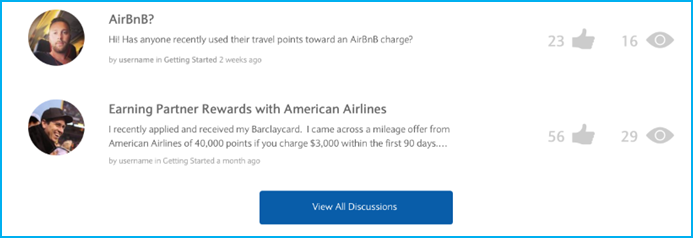 Barclays Travel Community Featured Discussion Board Content (topic kudos and page views display)