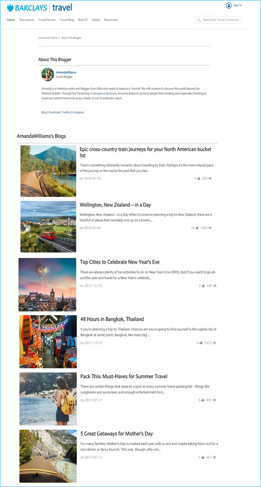 Barclays Travel Community Blogger Profile page (expanded)